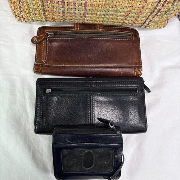 Fossil Hand Bag Lot 2 Bags And 3 Wallets Black Brown Leather Woven READ As Is - Picture 10 of 14